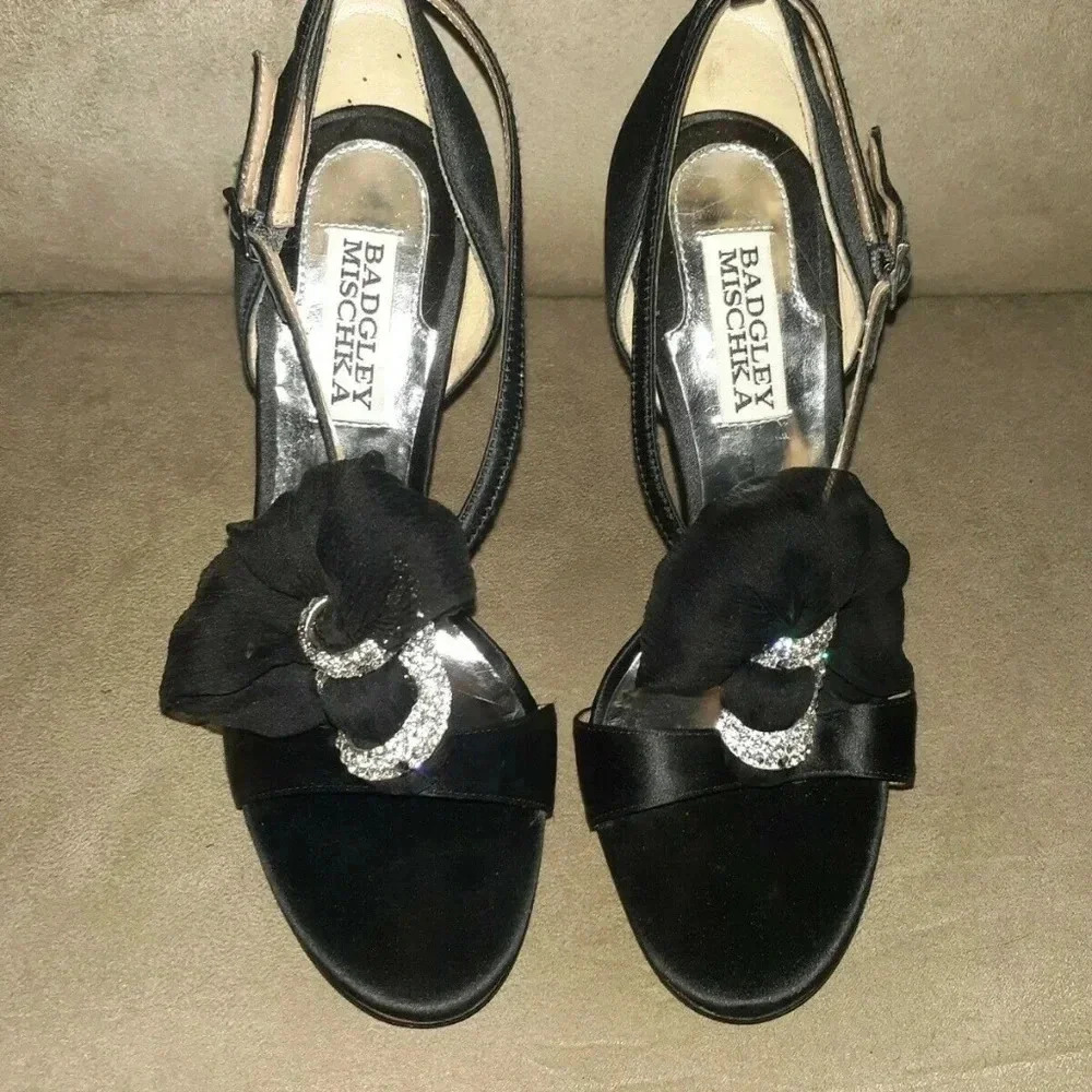 BADGLEY MISCHKA-Black Silk Satin-Jeweled D'Orsay - Picture 2 of 6